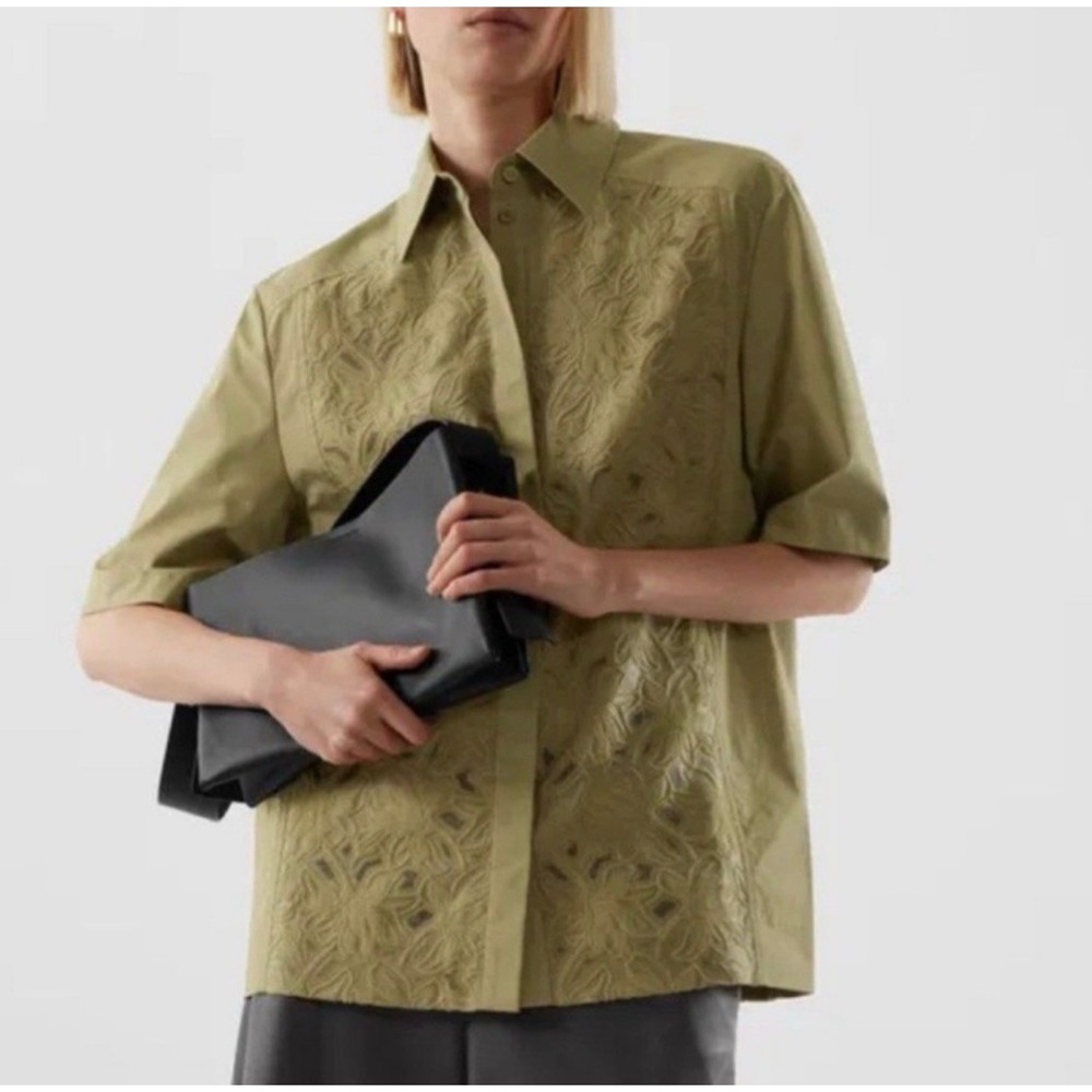 COS Relaxed-Fit Lace Panel Shirt Khaki Green Organic Cotton Short Sleeve Sz S